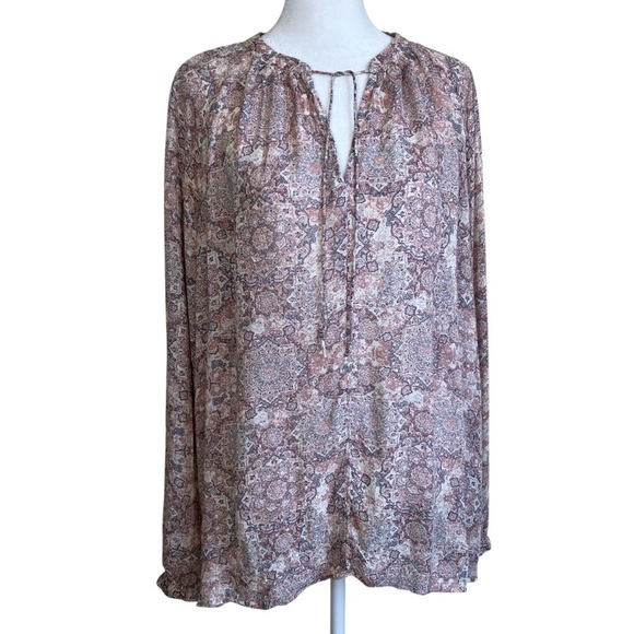 Lucky Brand Pastel Pink Boho Printed Peasant Blouse w Tie Flowy Lightweight XL - Picture 5 of 16